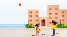 3D Render Of Kids Flying Kite In Front Of Buildings Background And Copy Space.