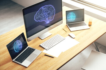 Aufkleber - Modern computer monitor with creative artificial Intelligence symbol. Neural networks and machine learning concept. 3D Rendering