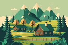 Mountain Green Field Alpine Landscape Nature With Wooden Houses