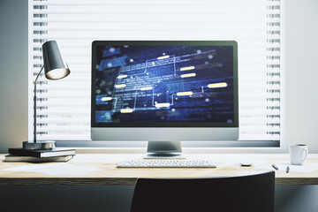 Poster - Modern computer monitor with abstract programming language, research and development concept. 3D Rendering