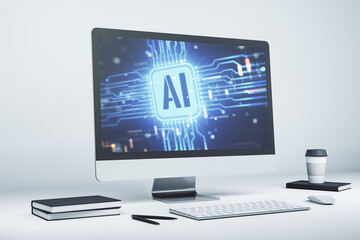 Aufkleber - Modern computer monitor with creative artificial Intelligence icon. Neural networks and machine learning concept. 3D Rendering