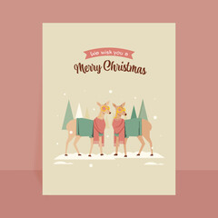 Wall Mural - Merry Christmas Greeting Card With Cute Couple Reindeer, Xmas Tree And Snow On Beige Background.