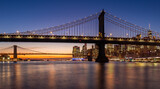 Fototapeta Koty - Manhattan Bridge and Brooklyn Bridge with East River just after sunset. Lower Manhattan skyline at dusk, New York City