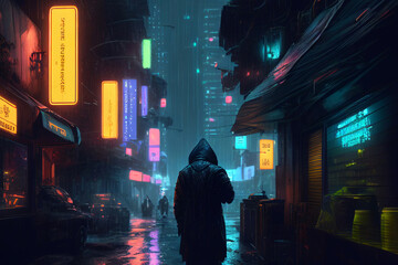 Cyberpunk streets illustration, futuristic city at night, wallpaper. Rainy and foggy, moody empty future. Generative AI illustration