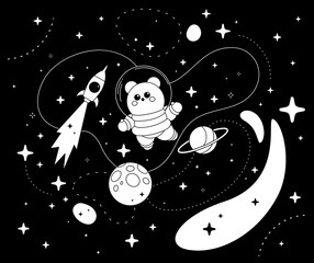 Wall Mural - Vector abstract black and white kid space illustration with astronaut bear, spaceship, star and planet on black background. Flat line art style space design with animal astronaut bear
