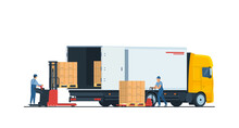 Warehouse Staff Loading A Box Truck Using An Electric Forklift And A Hand Pallet Truck. Vector Illustration.