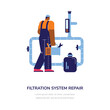 © Kudryavtsev - Swimming pool filtration system repair banner flat vector illustration isolated.