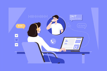 Poster - Call center web concept with people scene in flat blue design. Woman in headset works at laptop in helpdesk, answers calls and messages from clients, advises and consults man.