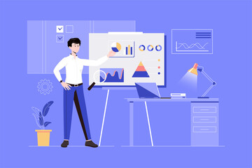Aufkleber - Data analysis web concept with people scene in flat blue design. Man analyzes charts and graphs, making financial report for presentation, does accounting and company auditing.
