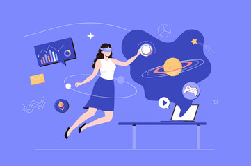 Aufkleber - Metaverse web concept with people scene in flat blue design. Woman in VR glasses interacts with virtual objects in augmented reality simulation, playing game or does research.