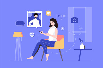 Aufkleber - Social media web concept with people scene in flat blue design. Woman use smartphone and surfing news feeds and likes photo in blogger profile, subscribe influencer at mobile app.