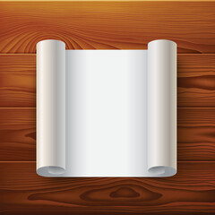 Poster - Vintage paper scroll template with realistic shadow on brown wood texture background