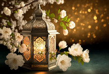 White Flowers, Prunus Tree Blossoms, And Glowing Silver Decorative Ramadan Lantern, Bokeh Background With Golden Bokeh Lights