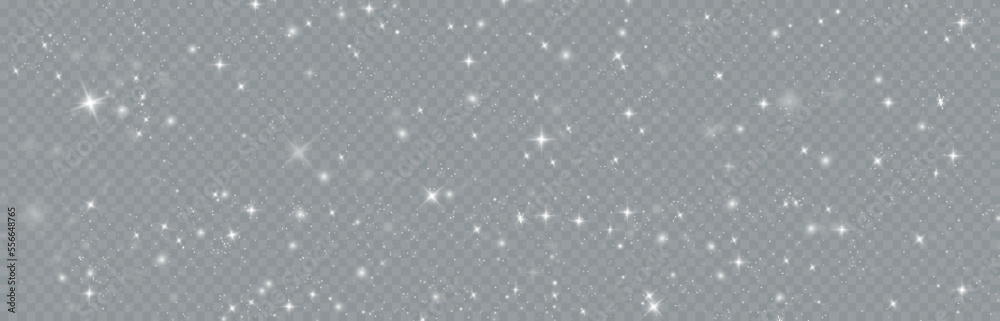 Particles of white magic dust. Shining light particles.Christmas glitter particles. Light effect on a transparent background