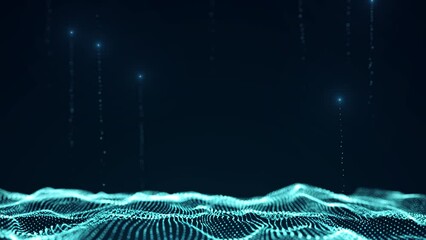 Abstract technology wave of particles. Big data visualization. Dark background with motion dots. Artificial intelligence. 3d rendering.