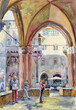 Watercolor painting of tourists standing inside the arch. Bologna Italy. Wide web banner.