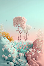 Illustrated Pastel Creative Landscape Of Nature Waking Up With The Arrival Of Spring. Pastel Pink Trees Under A Clear Blue Sky, Plants Bloom. Generative AI.