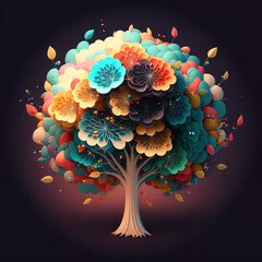 Wall Mural - Blooming, wild flower tree Illustration, pastel creative landscape of nature waking up with the arrival of Spring. An explosion of colorful tree on dark background, plants bloom. Generative AI.