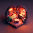 3d rendering bedroom isometric interior, open view. Warm home atmosphere in love nest. Holiday decoration, nice dollhouse. Valentine's Day design. Generative AI.