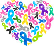 Colorful awareness ribbons in heart shape. World cancer day concept. Vector illustration for supporting people living and illness.