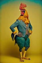 Retro Rooster Standing Like A Man On Two Legs In Vintage, Modern Clothes. A Fashion Icon With An Alternative Style Of Dressing. Dark Background. Illustration. Generative AI.