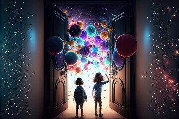 night landscape with illustrated small children opening huge doors through which party and fun enter