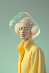 Wall Mural - Minimal retro portrait of a young beautiful woman in a yellow pastel coat with her head in a large soap bubble. Abstract fashion concept. Illustration. Generative AI.