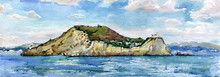 Watercolor Painting Of The Island Next To Procida, Italy. Wide Web Banner.	