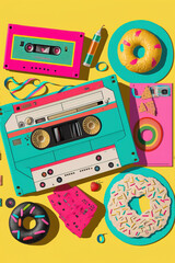 Cassette tape fusion of contemporary art and old fashioned style. Pop art background, colorful colors, collage of different elements and symbols of celebration and party. Illustration. Generative AI.