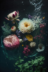 Wall Mural - Underwater creative love concept of fresh Spring flowers in water background. Love is in the water, happy Valentine's Day. Illustration. Generative AI.