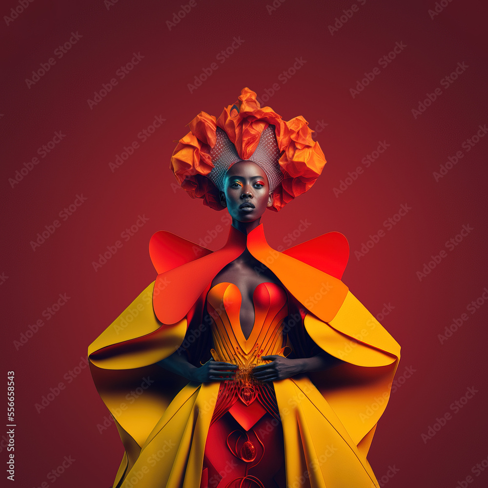 Fashion model in a colorful, modern, abstract dress. Futuristic catwalk outfit. Vivid colors, party look. Bright colors background. Illustration. Generative AI.