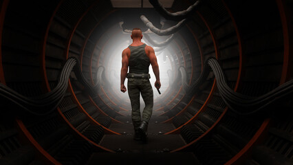 Wall Mural - Muscular man wearing military clothing holding a gun and walking away towards bright light in a dark underground tunnel. 3D rendering.