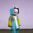 © Uncanny Valley - Retro abstract illustration half man half old fashioned technology, vintage television. Pastel creative fashion concept. Robotic styling. Contemporary art. Generative AI.