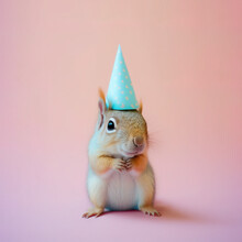 A Cute Little Birthday Squirrel With Birthday Cap Celebrating His Birthday, Symbol Of Love. Pastel, Creative, Animal Concept. Birthday Party For Squirrel. Illustration. Generative AI.