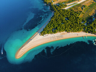 Wall Mural - Aerial drone view of Zlatni rat beach on Adriatic sea, Bol, Brac island, Croatia