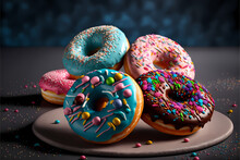 Three Donut With Sprinkles On Wooden Table, Studio Background, Illustration Digital Generative Ai Design Art Style