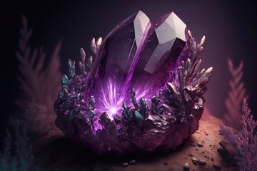 Magical fantasy crystal amethyst mystical glows from the inside. Natural purple crystal stone in the forest cave, a gemstone