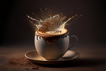 Aromatic coffee dropping in a Cappuccino cup, splash, black background,  illustration digital generative ai design art style