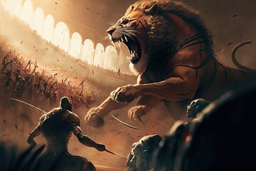 Supernatural epic fight, gladiator and lion, fantasy image dynamic, Generative Ai,