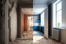 Ai Generated Renovation Concept , Apartment Before And After Restoration Or Refurbishment