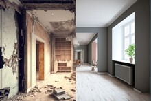 Ai Generated Renovation Concept , Apartment Before And After Restoration Or Refurbishment