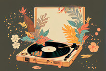 Generative AI Illustration Of Open Turntable With Vinyl Record In Flowers And Plants On Gray Background