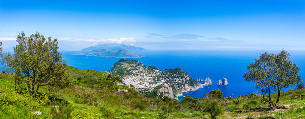 Sticker - Landscape of Capri seaside village seen from Mount Solaro on Capri island on the italian riviera of the Mediteranean Sea