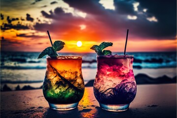 drinks with blur tropical beach and sunset in background.. Generative AI