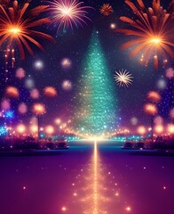 Wall Mural - New years sparkle fireworks celebration background with transparent Christmas tree 