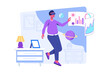 © DesignSells - Metaverse concept with people scene for web. Man in VR glasses interacts with data at dashboards and making research in augmented reality with planets. Illustration in flat perspective design