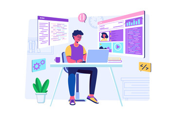 Web development concept with people scene for web. Man working with code, programming and creates page template and communicates with colleague online. Illustration in flat perspective design