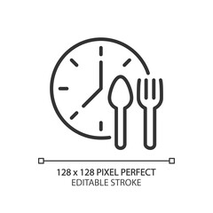 Wall Mural - Lunchtime pixel perfect linear icon. Manage nutrition schedule. Take lunch break at work. Meal periods. Thin line illustration. Contour symbol. Vector outline drawing. Editable stroke. Arial font used