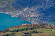 Beautiful aerial view over Lake Brienz with mountain village Schwanden autumn landscape seen from top of Axalp, Canton Bern, on a sunny day. Photo taken October 18th, 2022, Axalp, Switzerland.
