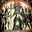 satanic ritual of sorcery and demon summon in antique medieval manuscript paper. generative ai